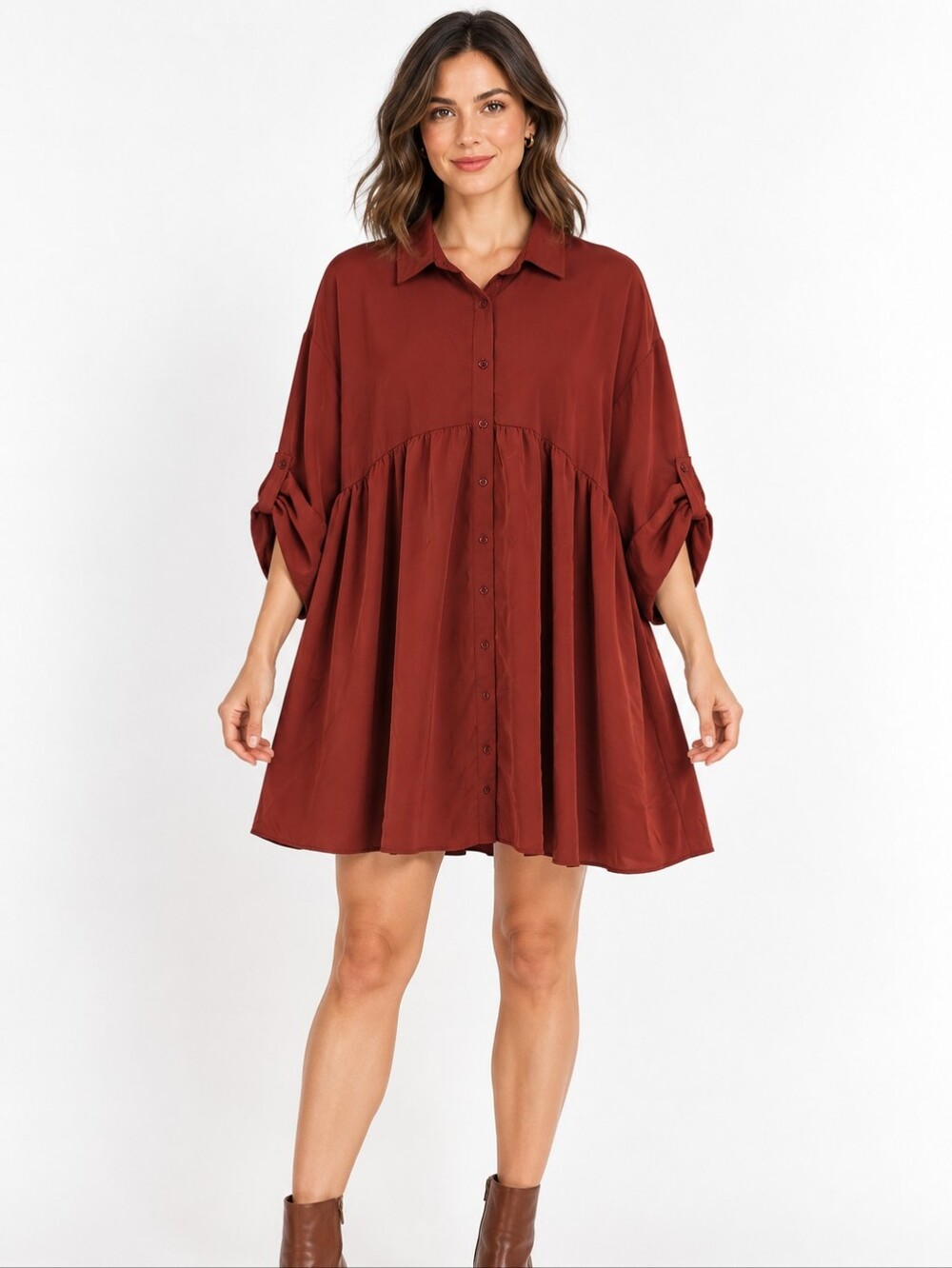 Entro Rust Satin Sheen Babydoll Shirt Dress Large Tiered Mini Fall